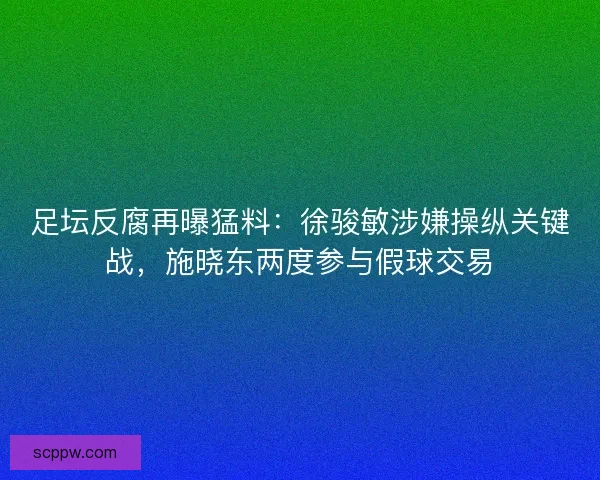 足坛反腐再曝猛料：徐骏敏涉嫌操纵关键战，施晓东两度参与假球交易